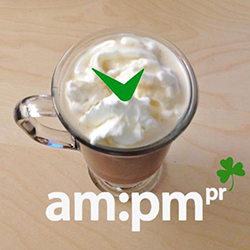 AMPM PR logo over Irish coffee